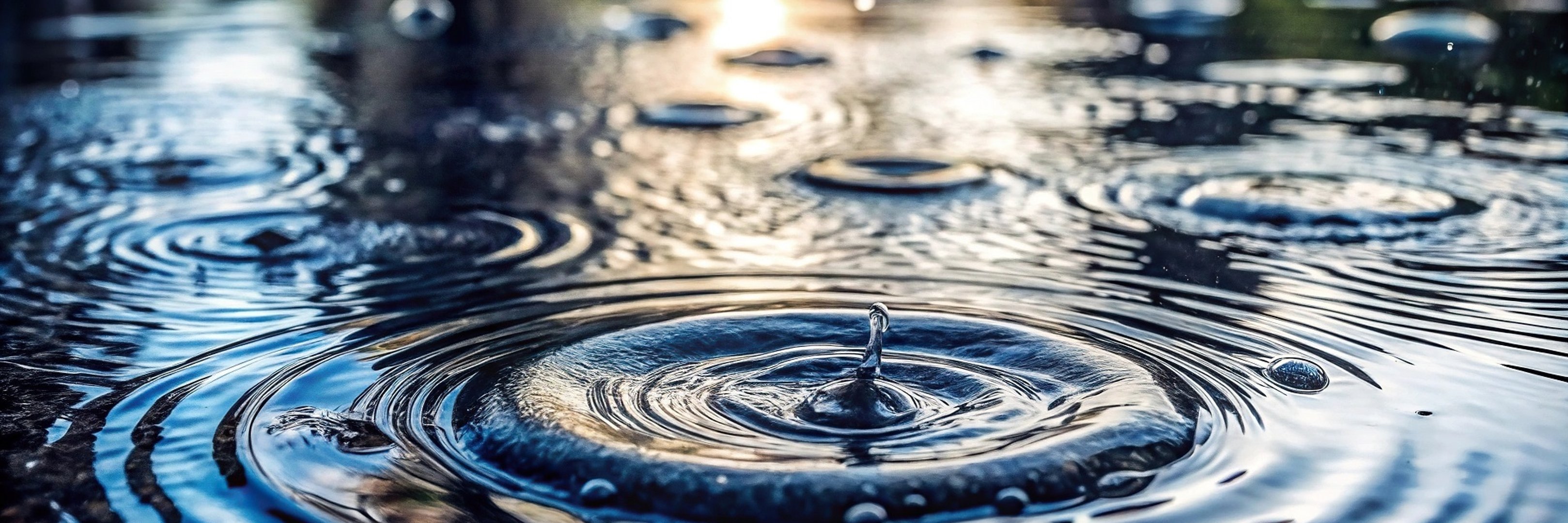 Rippling big puddle with bubbles during heavy rain at tilted angle