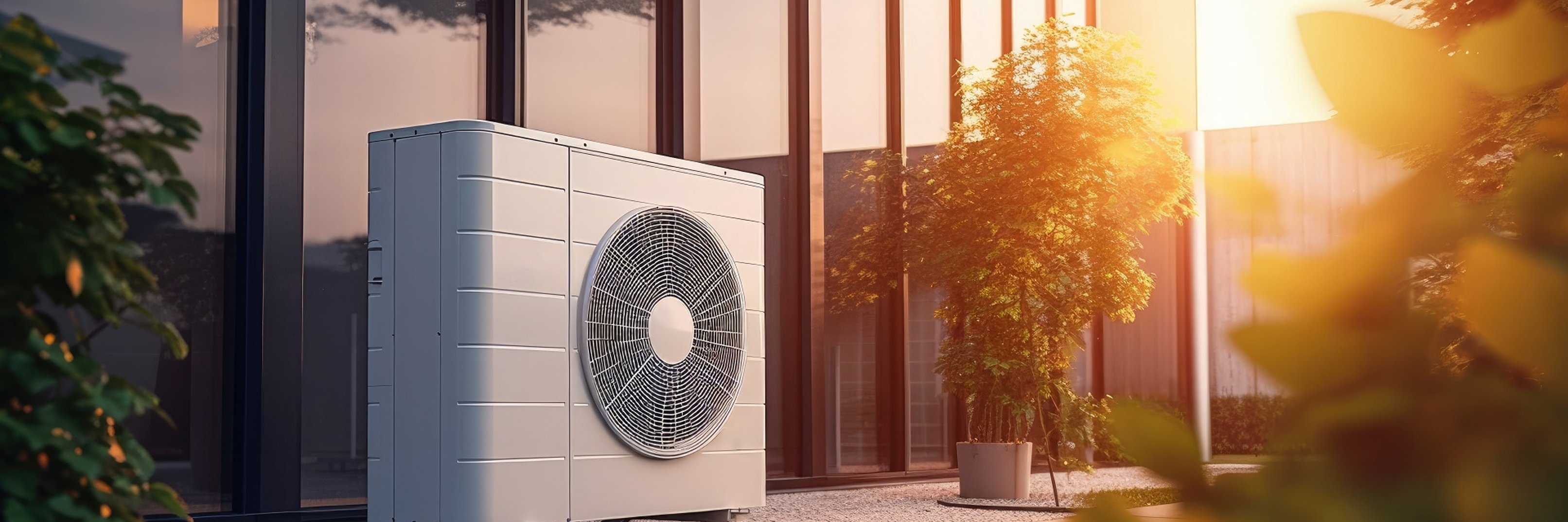 Wärmepumpe Eine Wärmepumpe vor einem Haus.