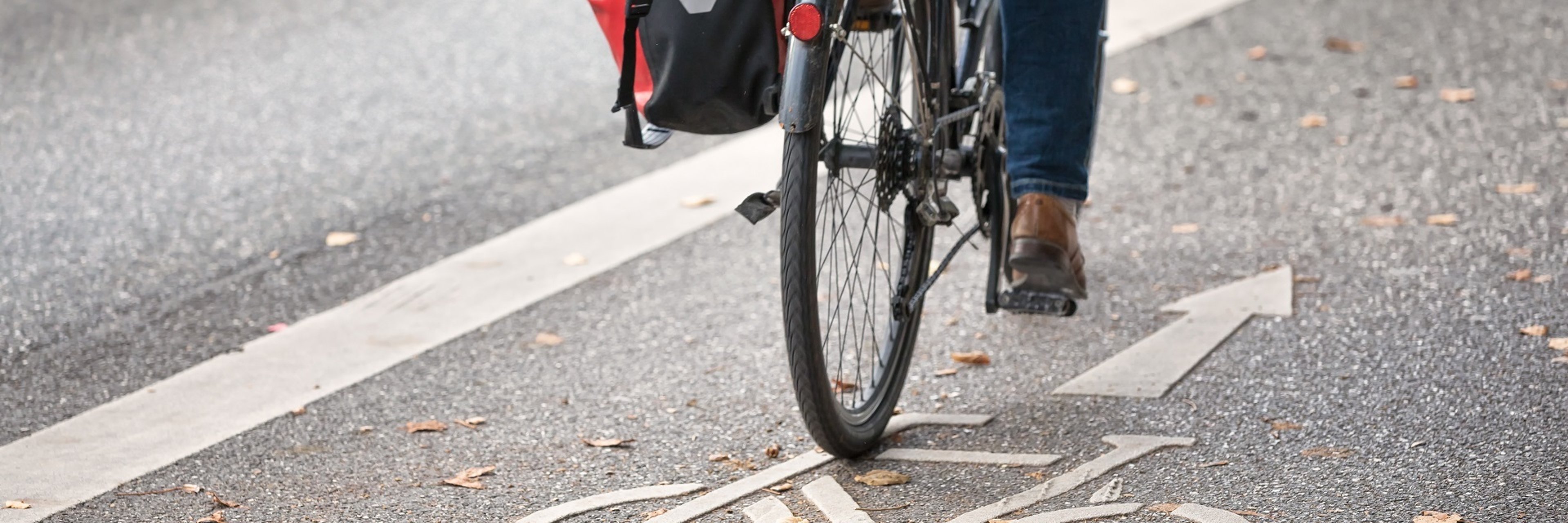 Ein Fahrrad mit einer schwarz-roten Satteltasche fährt auf einem, von einer Straße abgetrennten Radfahrstreifen. 
