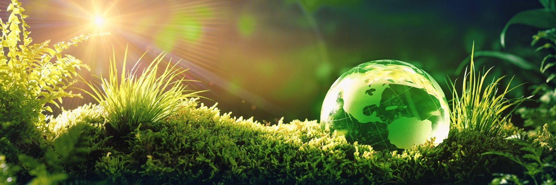 Eine gläserne Weltkugel in Moos eingebettet.